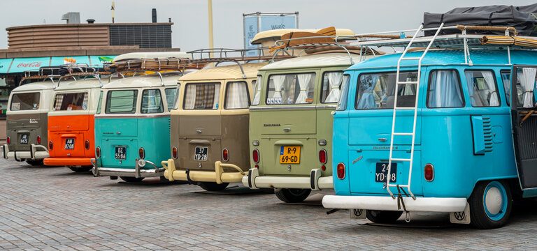 Scheveningen, The Netherlands, 31.05.2026, Vintage Volkswagen Type 2 Camper Vans Lined Up at the old timer car show