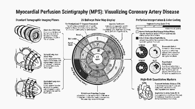 Myocardial Perfusion Scintigraphy for Cardiology and Coronary Artery Disease with Bullseye Polar Map and Heart Imaging Diagrams for Medical Study.