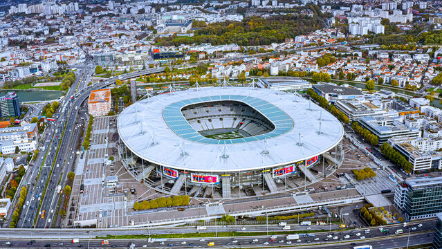 Aerial drone view of Stade de France national stadium, Saint-Denis, Paris, France, autumn cityscape