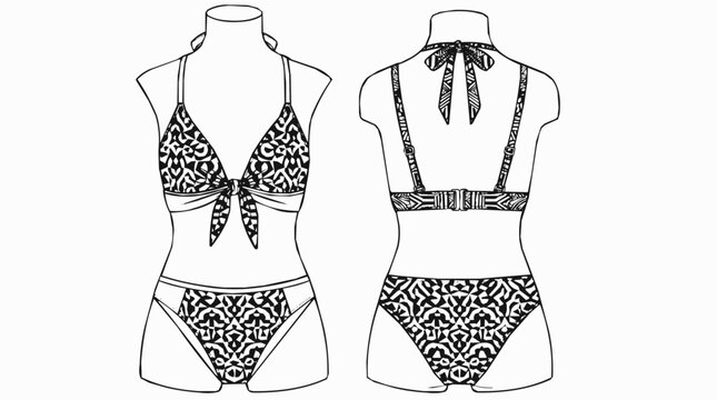 Professional technical drawing of a stylish women's bikini swimwear set with a bold tribal pattern, including front and back fashion sketch views.