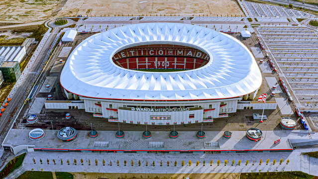 Aerial drone view of Wanda Metropolitano stadium, Atl&eacute;tico de Madrid, Madrid, Spain
