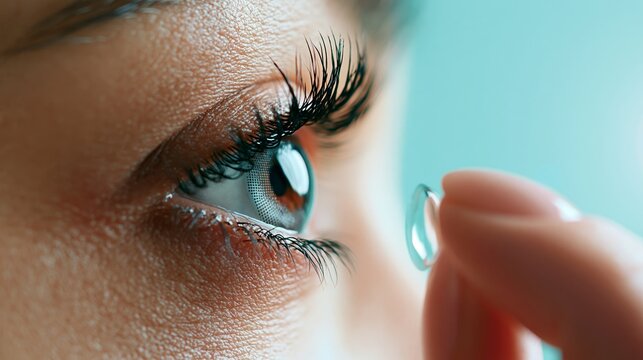 Woman inserting soft contact lens into eye, providing clear vision and an optical alternative to eyeglasses
