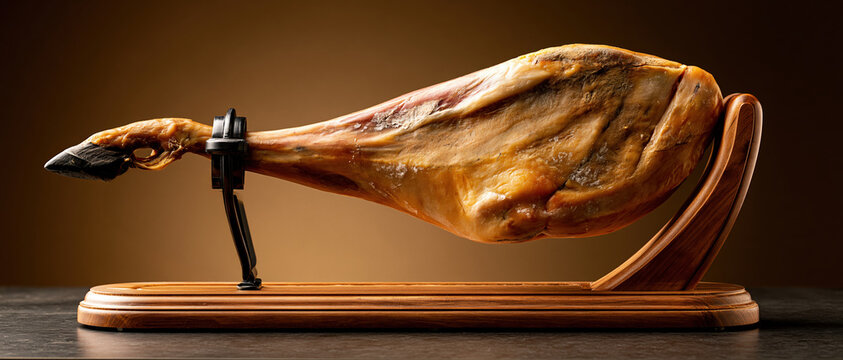 Artisan indulgence meets Spanish culinary tradition. A whole drycured ham leg rests on a polished wooden jamonero holder, lit dramatically against a warm amber studio background.