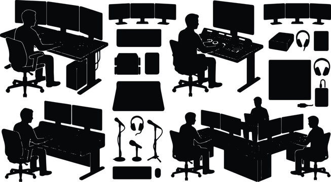 Silhouette Set: Audio Engineers, DJs, and Producers at Mixing Desks, Computer Workstations, Microphones, Headphones, and Monitors