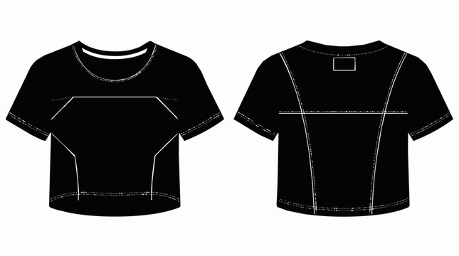 Blank Black Crop Top T-shirt Template with Front and Back View, Professional Technical Sketch for Fashion Apparel Mockup Design and Manufacturing