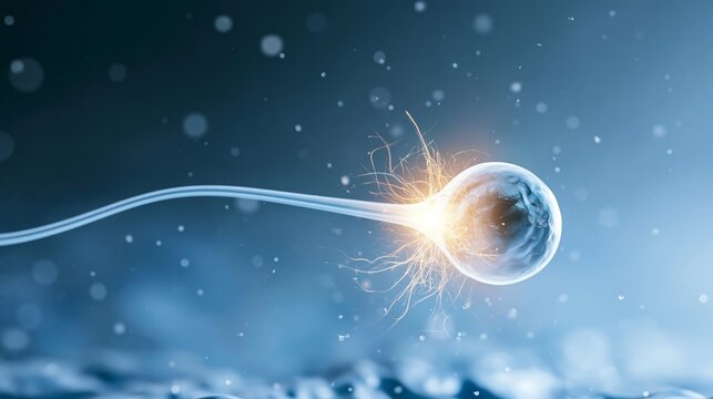 Sperm fertilizing egg cell, glowing energy effect showing new life beginning and microscopic biological visualization