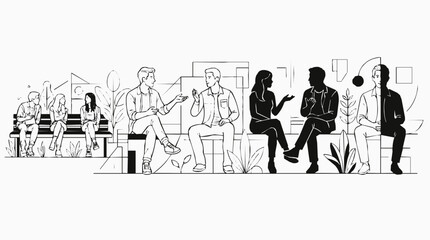Obraz premium Minimalist line art illustration of diverse people engaged in conversation and social interaction within a modern community scene