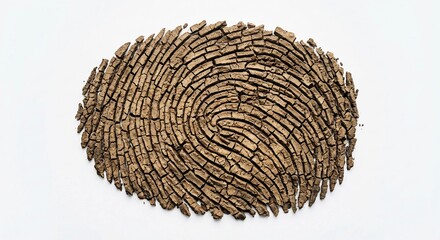 Fototapeta premium Cracked dry earth fingerprint symbol on white background, parched soil texture forming human thumbprint, environmental drought and climate change concept