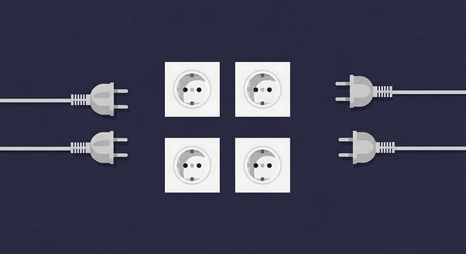 Four electrical outlets with disconnected plugs on dark background