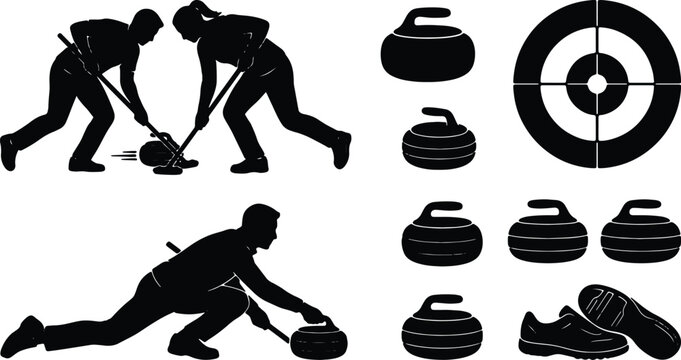 Curling Sport Icons Set, Ice Game Silhouettes, Athlete Action Graphics, Winter Olympic Vector Elements, Sports Equipment Collection