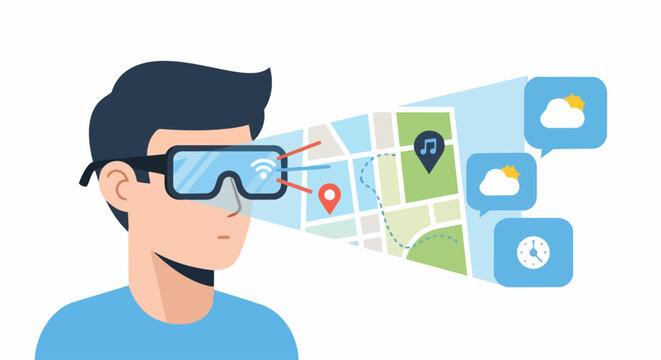 Man Wearing Smart Glasses with Augmented Reality Navigation Map and Weather Interface Flat Vector Illustration