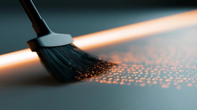 Digital broom sweeping glowing binary code, cyber security cleanup concept, data hygiene and system optimization
