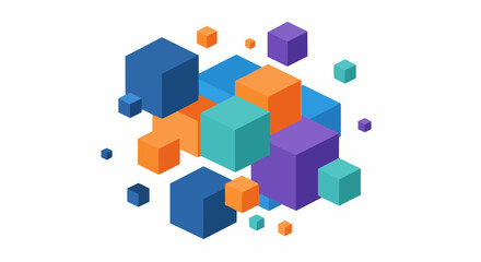 Obraz premium Abstract 3D Isometric Colorful Cubes Composition on White Background – Geometric Blocks for Big Data, Blockchain, and Technology Concepts