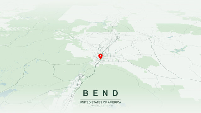 Modern minimalist vector map of Bend, Oregon, USA. High-quality scalable illustration of Bend city grid, Deschutes River waterfront contours, and Pilot Butte scenic park networks for posters design.