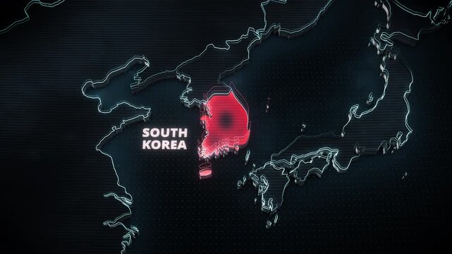 3D digital map of East Asia with a glowing red pulsating highlight on South Korea, featuring glowing cyan borders on a dark hi-tech background, perfect for geopolitical news broadcasts.
