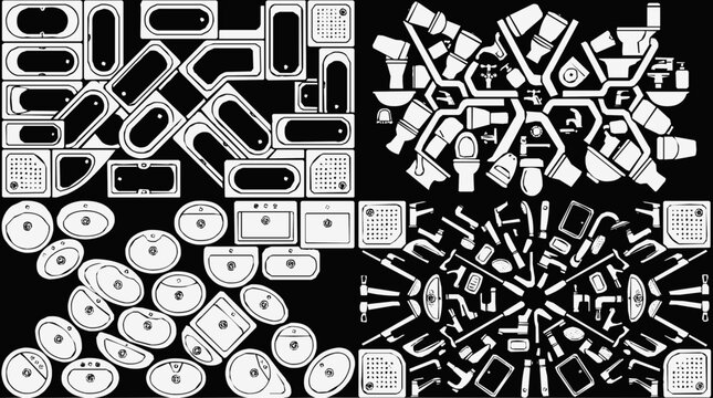 Complete Collection of White Bathroom Sanitary Fixture Icons for Plumbing Plan Layout and Modern Interior Design on Black Background