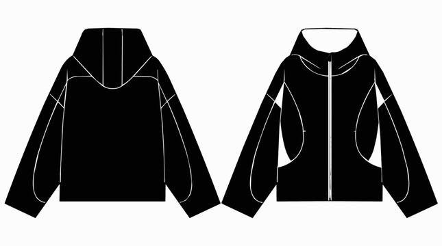 Black Hoodie Jacket Template for Fashion Design Featuring Front and Back Views of a Technical Streetwear Windbreaker with a Full Zipper and