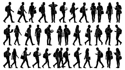 Fototapeta premium Student Campus Walking Silhouette Bundle — Backpacks, Books, Coffee, Bags, Diverse Poses for Education Scene Assets 