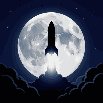 Rocket Launching Into Night Sky with Full Moon Backdrop