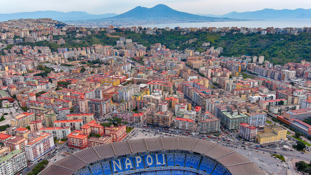 Aerial drone view of Stadio Diego Armando Maradona, SSC Napoli, Fuorigrotta, Naples, Italy