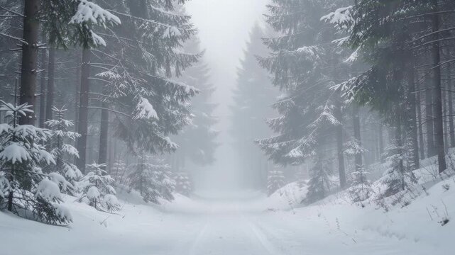 Serene winter forest path covered in fresh snow with tall pine trees under a peaceful sky
