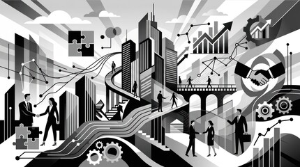 Obraz premium Business people in a cityscape with graphs.
