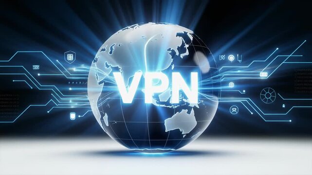 Rotating 3D globe with glowing world map lines and symbols on dark background for global technology concept