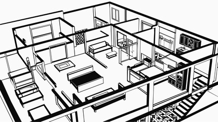 Fototapeta premium A detailed 3D floor plan featuring a house architectural design with interior room layout shown in an isometric house sketch and building blueprint.