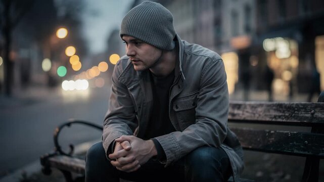 Reflective person sitting on bench in a quiet city evening with peaceful urban atmosphere