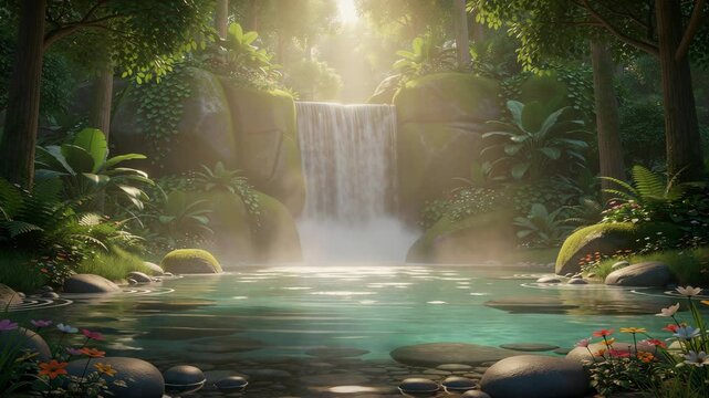 Sunlight filtering through lush green trees in a serene peaceful forest landscape