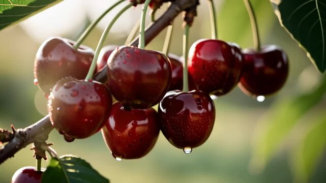 Ripe cherries glistening with morning dew swaying gently in the warm sunlight on tree branches