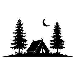 Obraz premium Camping Tent Between Pine Trees and Crescent Moon Night Silhouette Vector Illustration