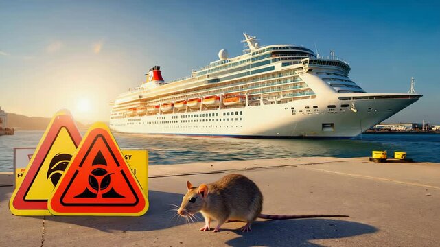 Small mouse stands beside caution signs, observing a colossal cruise ship at the sunny port dock