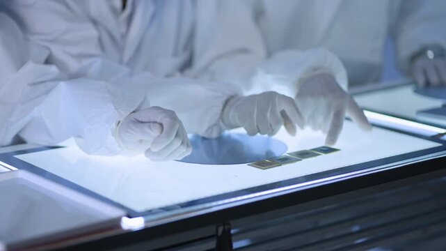 Researchers handling samples on a glowing light panel, a clean abstract visual for laboratory analysis, inspection and biotech content.