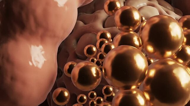 Golden Collagen Spheres and Lipid Cells Microscopic 3D Science Animation