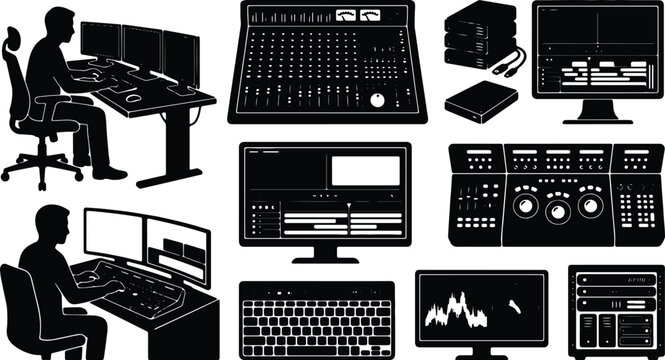 Video Editing Suite, Post-Production Control Panel, Digital Media Workstation, Computer Setup Icons