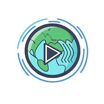 Animated globe with play button icon and orbiting rings.