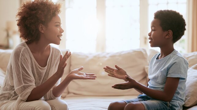 Mother and son communicating with sign language at home, sharing emotional connection and understanding