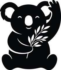 Fototapeta premium Black silhouette of a happy koala holding eucalyptus leaves