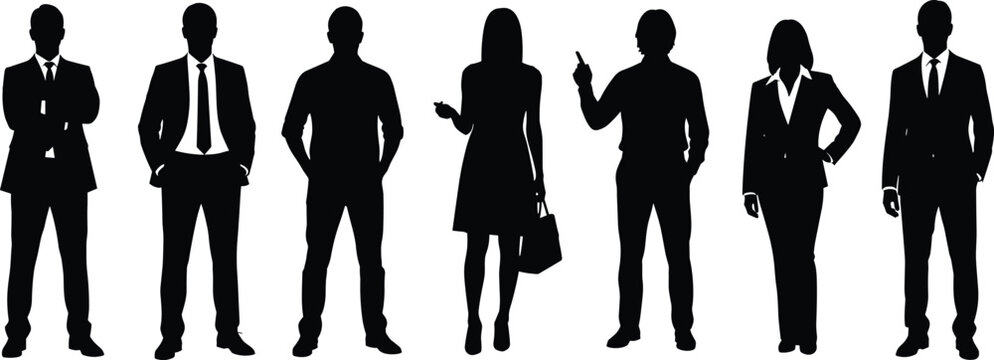 Professional Business People Silhouette Vector Set with Corporate Men and Women Standing in Suits