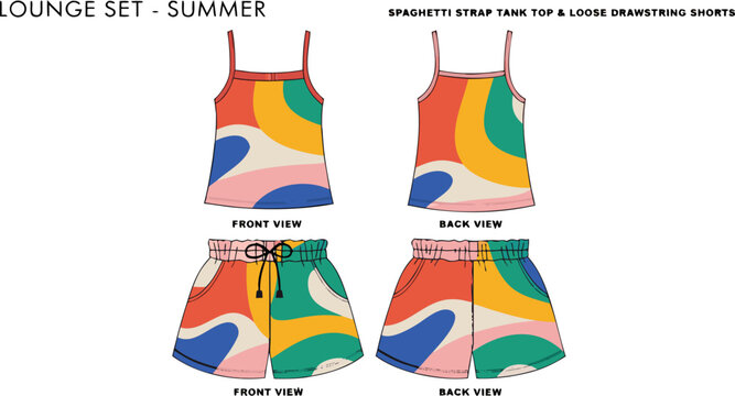 Colorful lounge set with spaghetti strap tank top and shorts