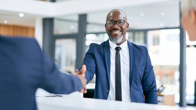 Smiling African American businessman shaking hand, representing professional welcome, partnership, and successful meeting