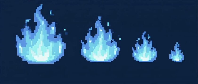 Blue fire pixel art loop animation, retro game style magic blue flame burning effect loop background