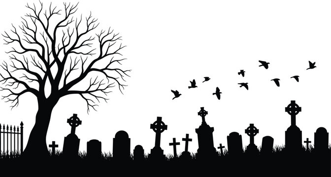 Spooky Halloween Cemetery Silhouette Background with Dead Tree Gravestones and Flying Birds Vector