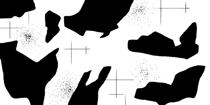 An abstract black and white pattern of irregular shapes and scattered dots, reminiscent of a Rorschach inkblot test, evoking a sense of mystery and interpretation.