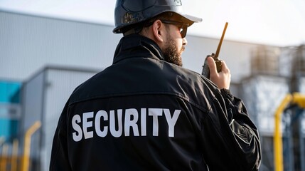 Naklejka premium Security guard wearing black uniform communicating using walkie talkie outside industrial facility in daylight