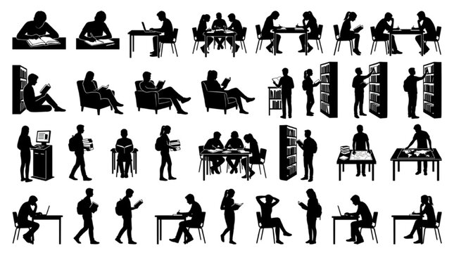 Library Study and Reading Activity Silhouette Bundle &mdash; Armchairs, Bookshelves, Desk Work, Map Tables, Computer Stations, Varied Poses
