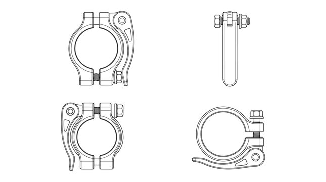 Seatpost clamp bicycle equipment technical drawing blueprint with front side back and sectional views CAD line art vector illustration