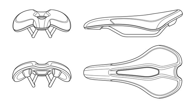Bicycle saddle bicycle equipment technical drawing blueprint with front side back and side views CAD line art vector illustration