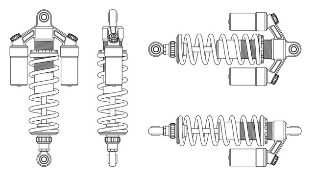 Rear shock absorber bicycle equipment technical drawing blueprint with front side back and sectional views CAD line art vector illustration